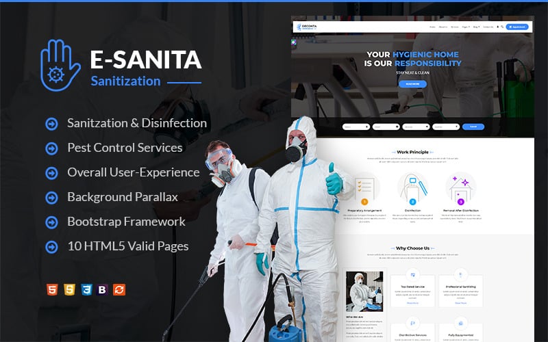 e-Sanita -卫生和害虫控制HTML网站模板