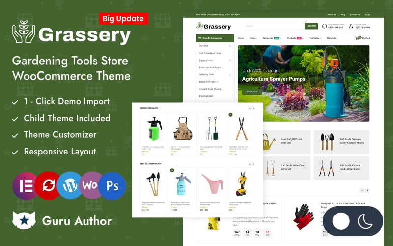 Grassery - Negozio di attrezzi da giardinaggio Elementor Tema reattivo WooCommerce