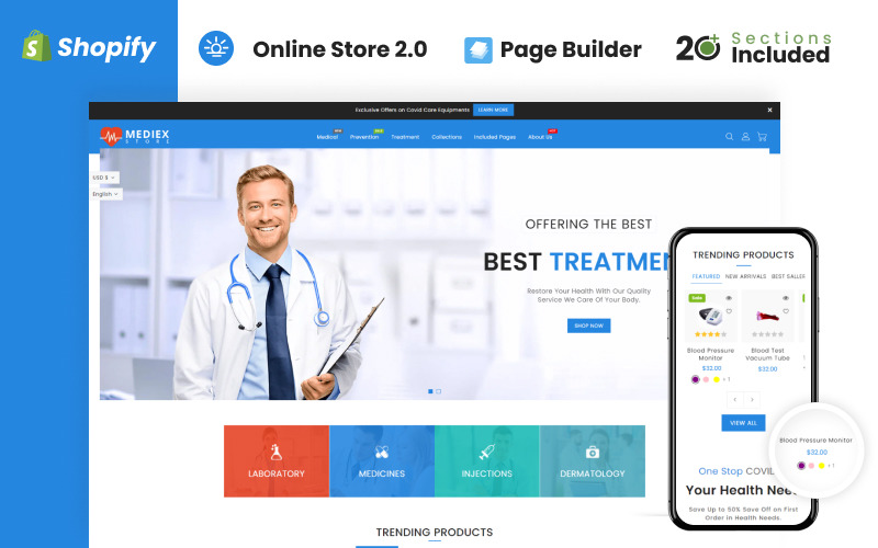 Tema Shopify del negozio di salute e medicina Mediex