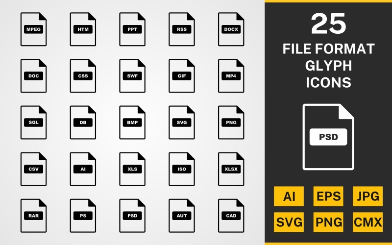 Sada ikon 25 formátů souborů GLYPH PACK