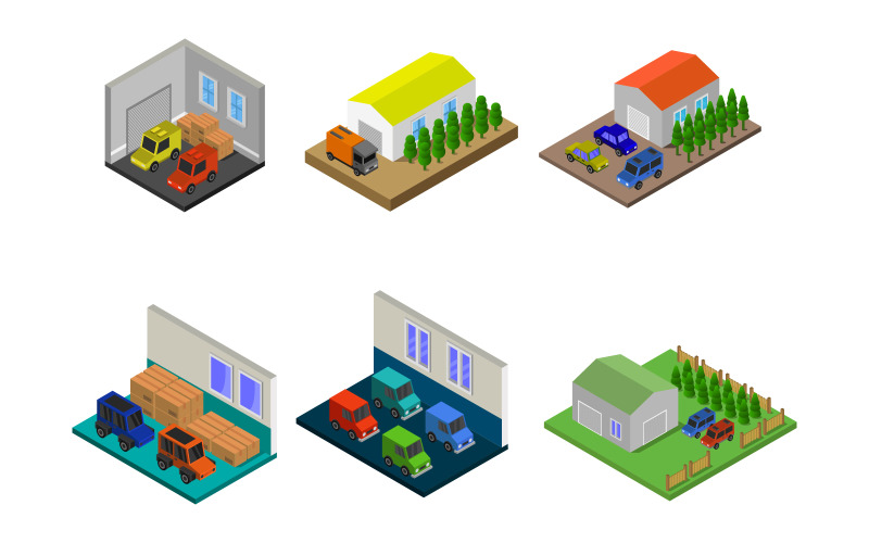 Isometric Garage Set On White Background - Vector Image