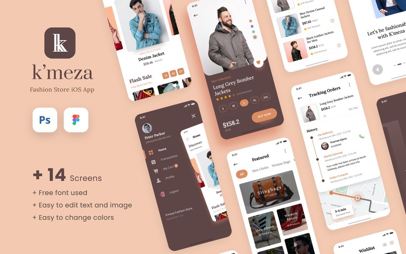 Kmeza - Modewinkel iOS-app-ontwerp UI-sjabloon Figma PSD