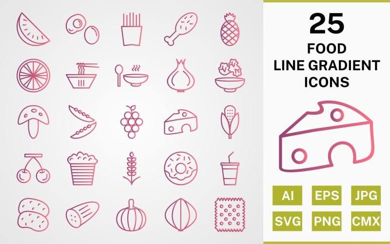 Juego de 25 ICONOS DE GRADIENTE DE LÍNEA DE ALIMENTOS