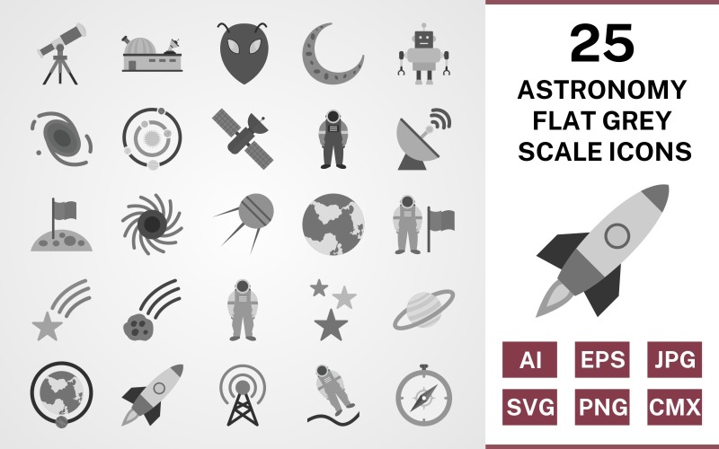 25 Astronomie-Flachgraustufen-Icon-Set