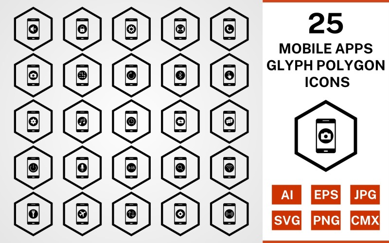 25 mobiele apps Glyph Polygon Icon Set