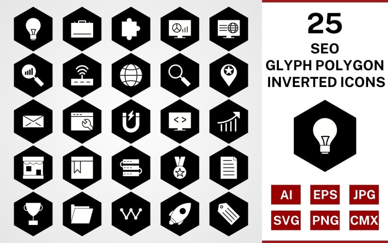 25 Seo Glyph Polygon fordított ikonkészlet