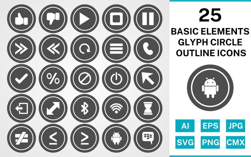 25 Basic Elements Glyph Circle Outline Icon Set