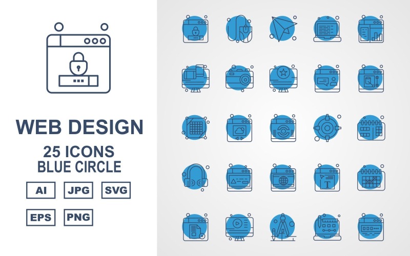 25 Premium Web Design And Development Blue Circle Pack Icon Set