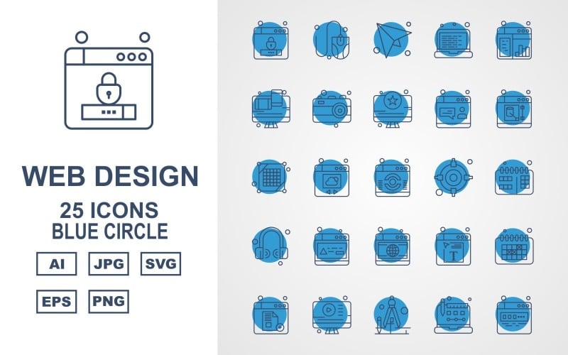 25 prémium web design és fejlesztés kék kör csomag ikon készlet