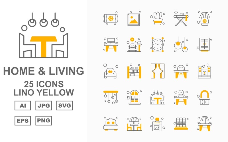 25 Premium Home and Living Lino Yellow Icon Pack Set