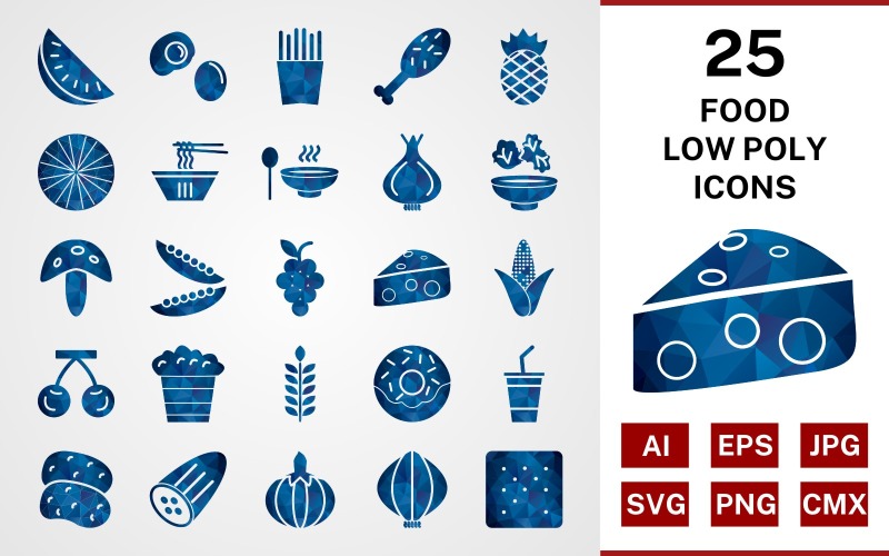25种食物的低多边形图标集