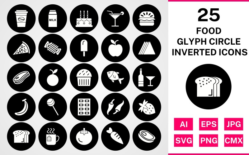 25 Invertiertes Icon-Set für Lebensmittel-Glyphenkreise