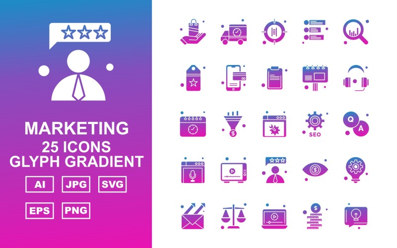 25 Conjunto de iconos de degradado de glifo de marketing premium