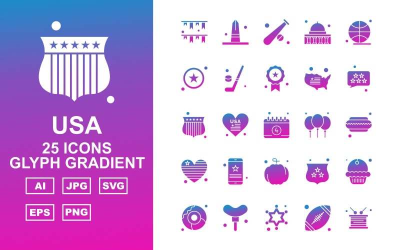 25 Premium USA Glyph Gradient Icon Set