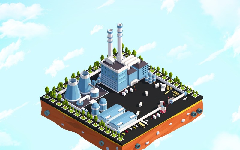 Kreslený 3D model továrny na nízké poly města