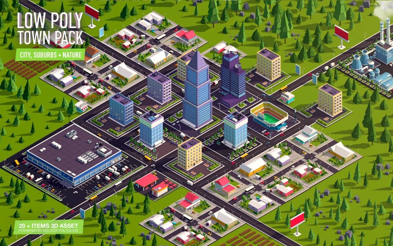 Modello 3D di Cartoon Low Poly Town City Pack