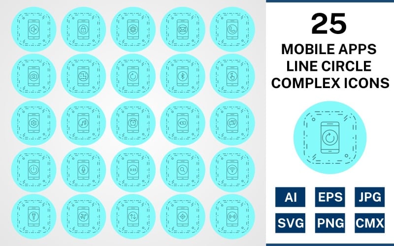 25 mobilalkalmazás-vonal komplex ikonkészlet