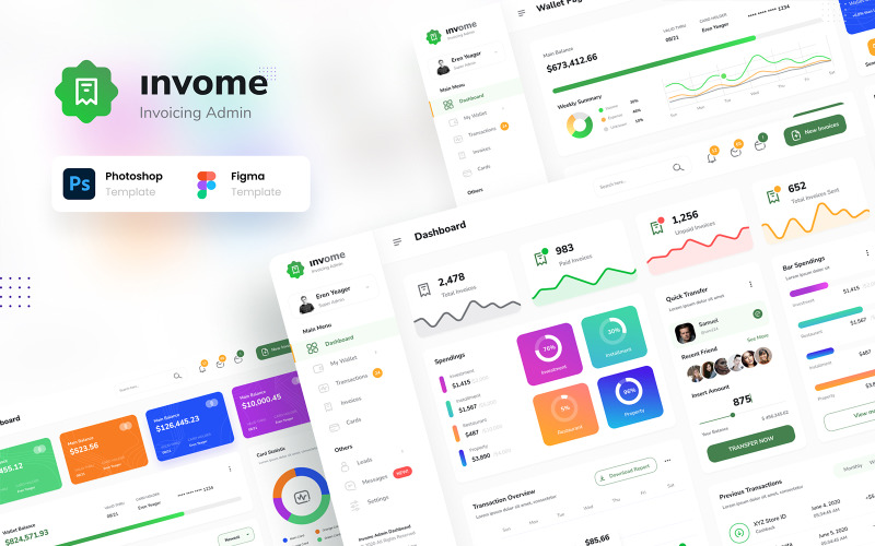 Invome - Facturering Admin Dashboard Figma en PSD Template UI-elementen