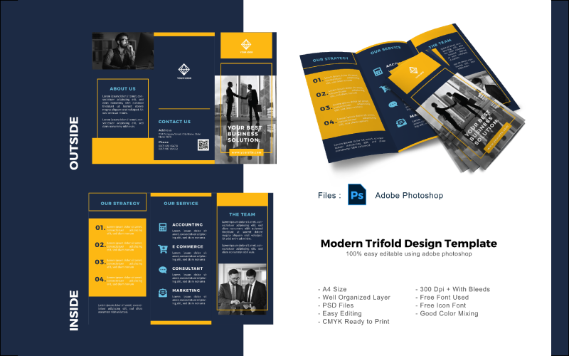 Blue Business Corp driebladige brochure PSD-sjabloon