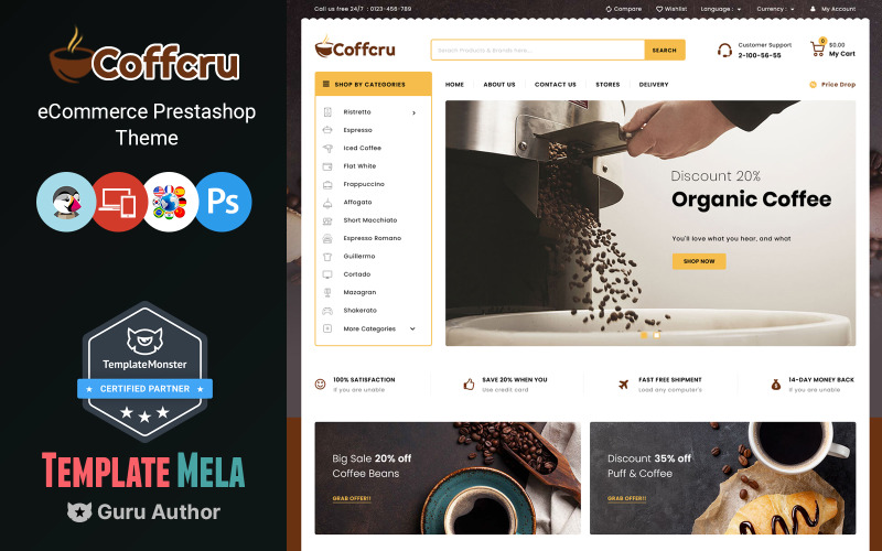 Coffcru - Tema da PrestaShop da loja de bebidas e cafés