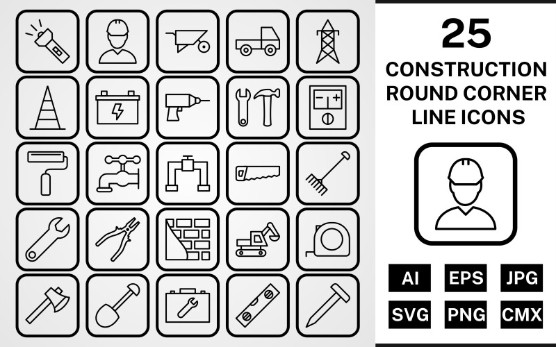 25 Construction Round Corner Line Black Icon Set