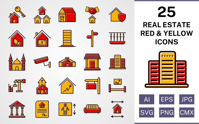 25个房地产填充红色和黄色图标集