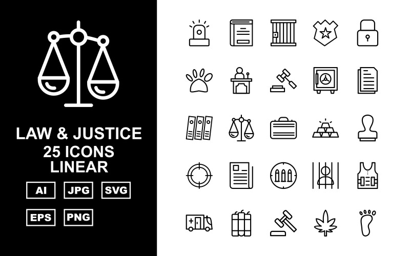 25个高级法律和正义线性包图标集