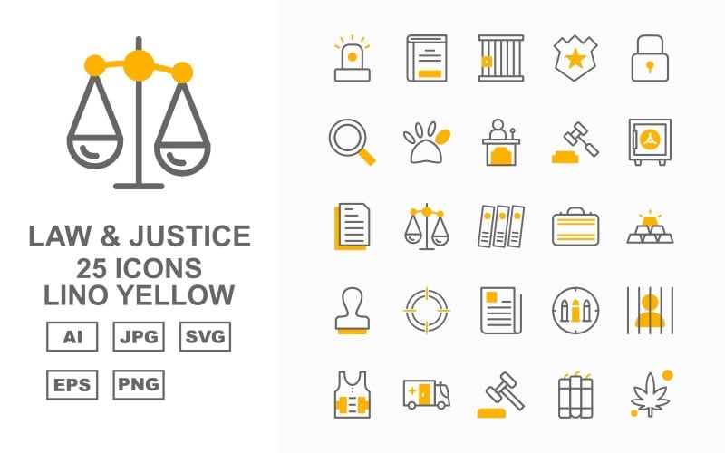 25个高级法律和正义利诺黄色包图标集