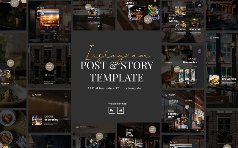 现代餐厅Instagram帖子和故事模板的社交媒体