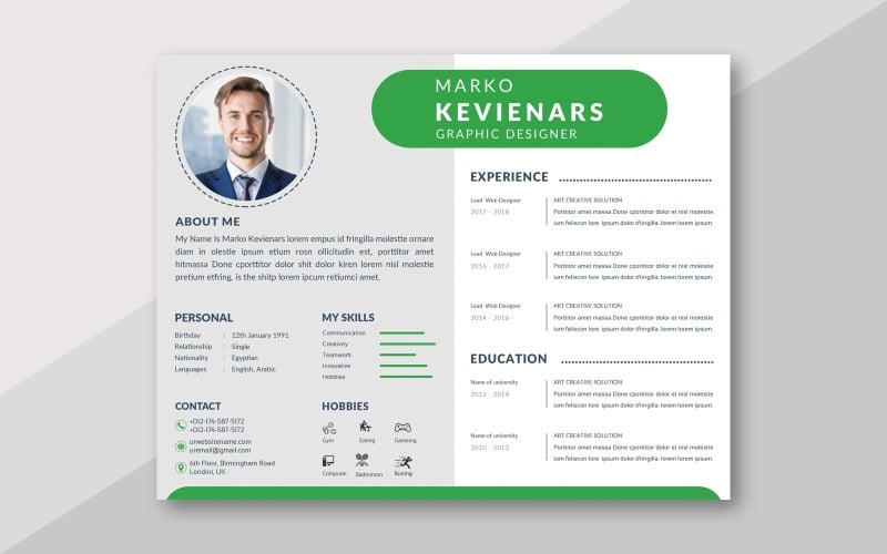 Marko Kevinenars Horizontal CV Theme Lebenslauf Vorlage