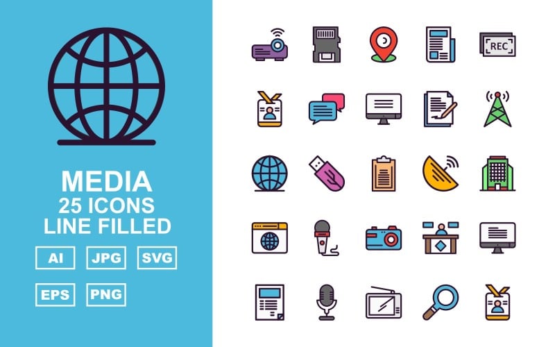 25 Premium Media Line Filled Icon Set