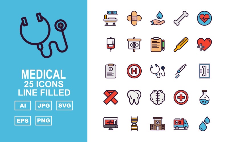 25 Premium Medical Line Filled Icon Set