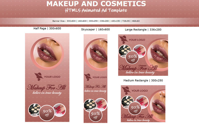 Maquillage et cosmétiques - Bannière animée de modèle d'annonce HTML5