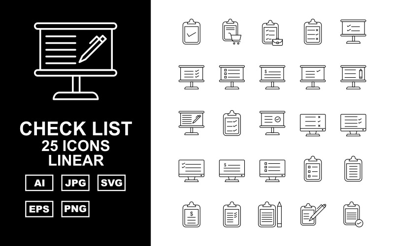 Набор линейных значков из 25 контрольных списков премиум-класса