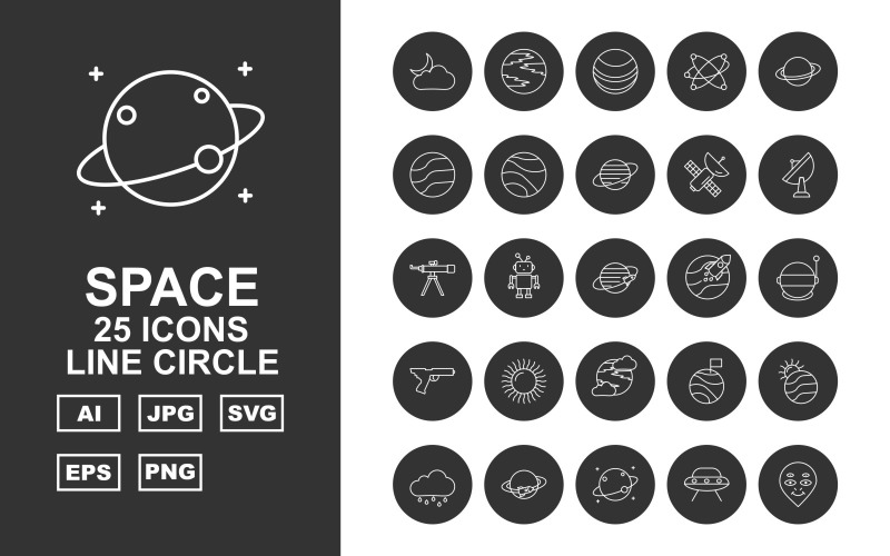 25 set di icone del cerchio della linea spaziale premium