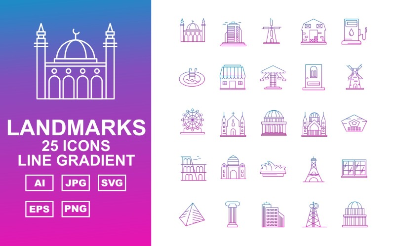 25 Premium Building & Landmarks Line Gradient Icon Set