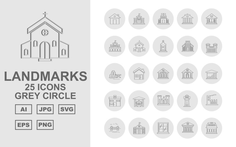 25 Premium Building & Landmarks Grey Circle Iconset