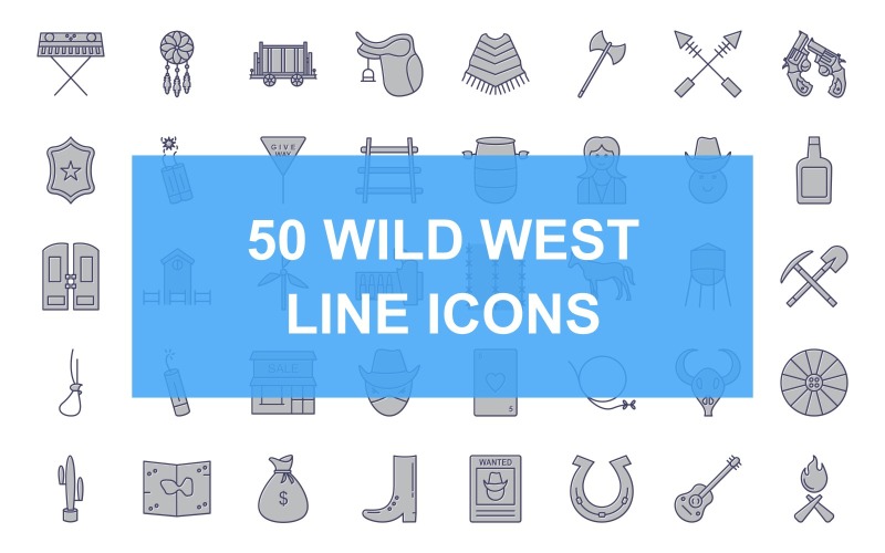 50狂野西部线填充图标集