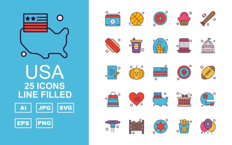 25 Premium USA Line Filled Iconset