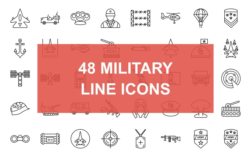 48 Ensemble d'icônes noires de la ligne militaire