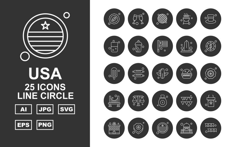 25 Prémium USA Line Circle Icon Pack