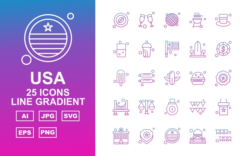 25 Premium USA Line Gradient Icon Pack