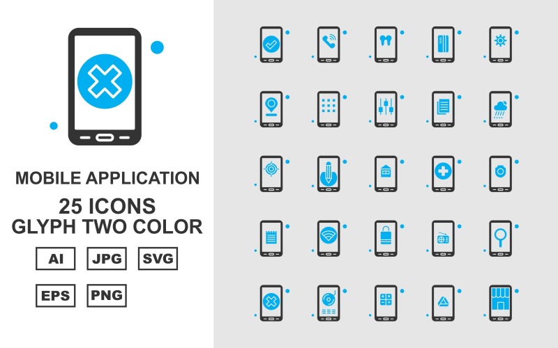25 Premium Mobile Application Glyph Two Color Icon Pack