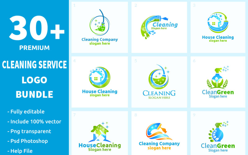 Комплект 30+ логотипов услуг уборки