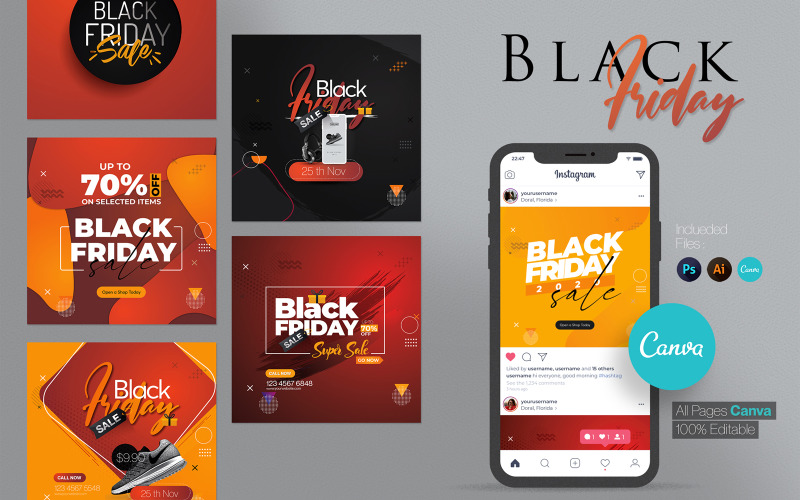 Canva Black Social Media Post & Story Social Media Template