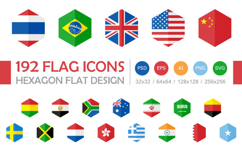 Plantilla de conjunto de iconos de diseño plano hexagonal de 192 iconos de bandera