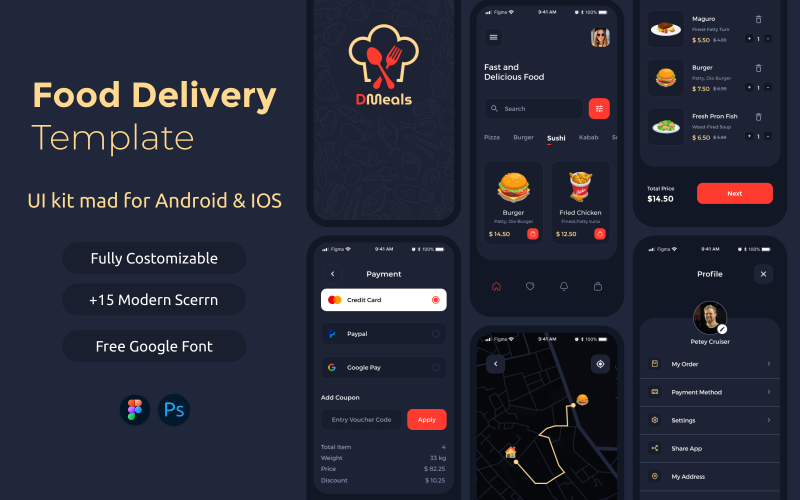 DMeals - Il kit mobile per l'interfaccia utente dell'app per la consegna di cibo Android | IOS (scuro)