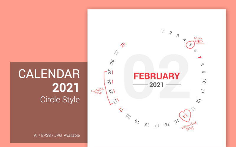2021年日历圆形绘图与单独的文件，整个月的计划