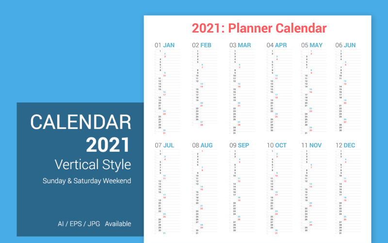 Kalender 2021 Vertikales Design mit Textraumplaner