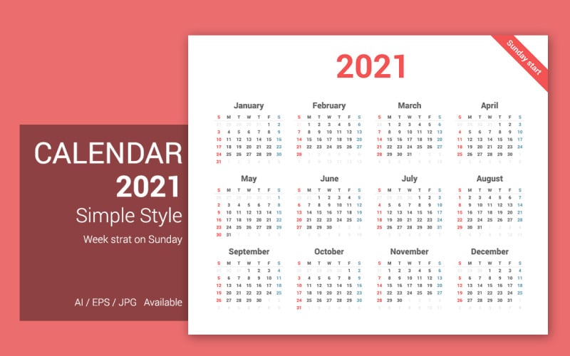 Simple Calendar 2021 Sunday Start Planner